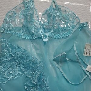 Frederick's of Hollywood Aqua Lace Chemise With Thong, Size Small
